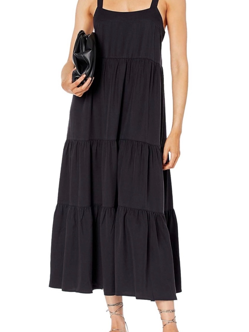 Sleeveless Black Tiered Midi Dress with Square Neck